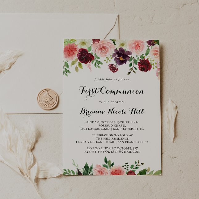 Burgundy Pink Purple Spring Floral First Communion Invitation (Creator Uploaded)