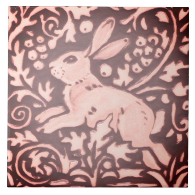 Burgundy Pink Rabbit Floral Foliage Woodland Decor Tile (Front)