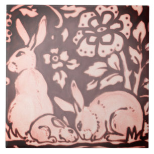 Burgundy Pink Rabbit Floral Foliage Woodland Decor Tile