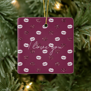 Burgundy Pink Red Glitter White Kisses Lips Ceramic Ornament