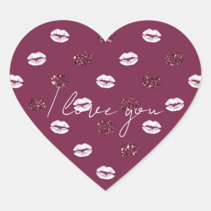 Burgundy Pink Red Glitter White Kisses Lips Heart Sticker