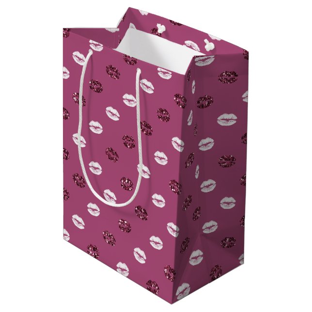 Burgundy Pink Red Glitter White Kisses Lips  Medium Gift Bag (Back Angled)