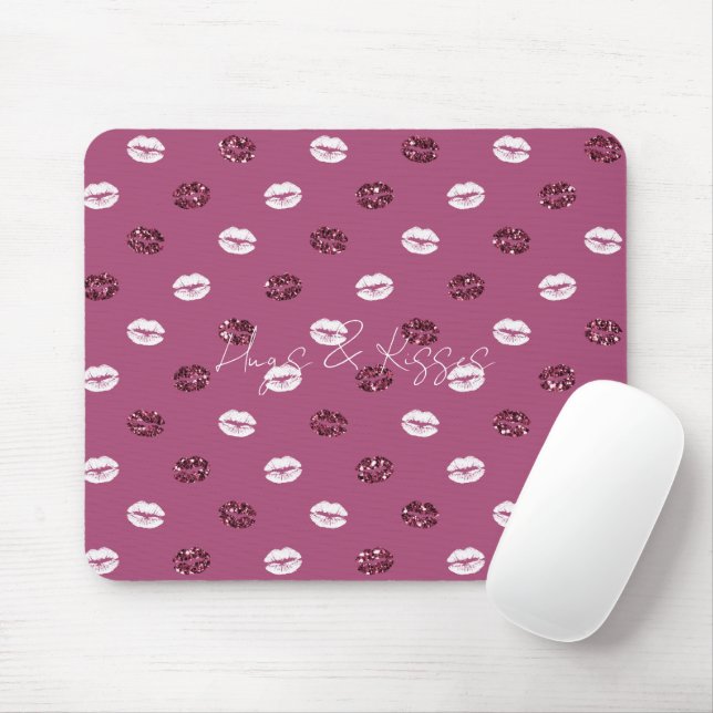 Burgundy Pink Red Glitter White Kisses Lips Mouse Pad (With Mouse)