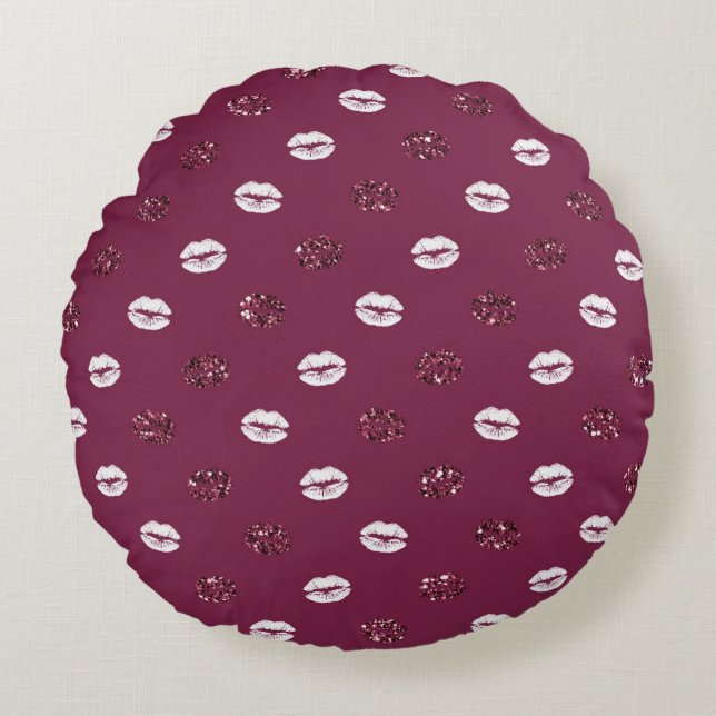 Burgundy Pink Red Glitter White Kisses Lips   Round Pillow (Front)