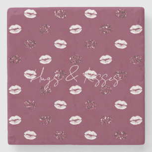 Burgundy Pink Red Glitter White Kisses Lips      Stone Coaster