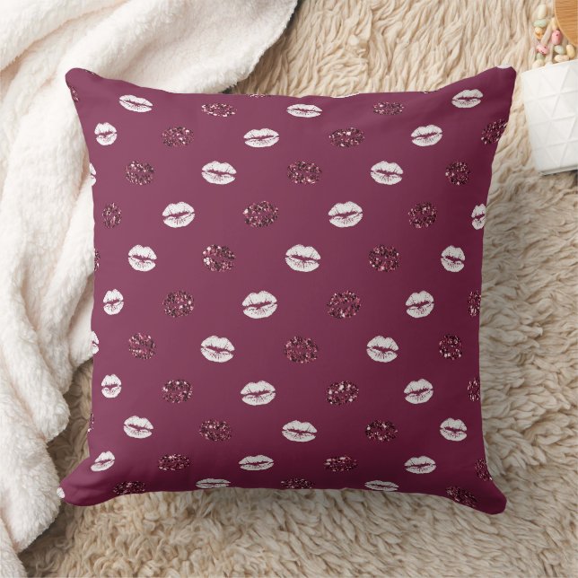 Burgundy Pink Red Glitter White Kisses Lips  Throw Pillow (Blanket)
