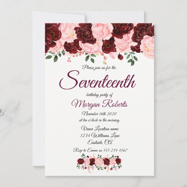 Burgundy Pink Rose 17th Birthday Party Invite (Front)
