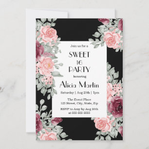 Burgundy Pink Rose Flora Sweet 16 Black Birthday Invitation