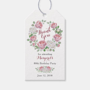 Burgundy Pink Rose Floral 80th Birthday Thank You Gift Tags