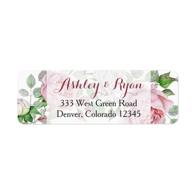 Burgundy Pink Rose Floral Wedding Address Labels (Front)