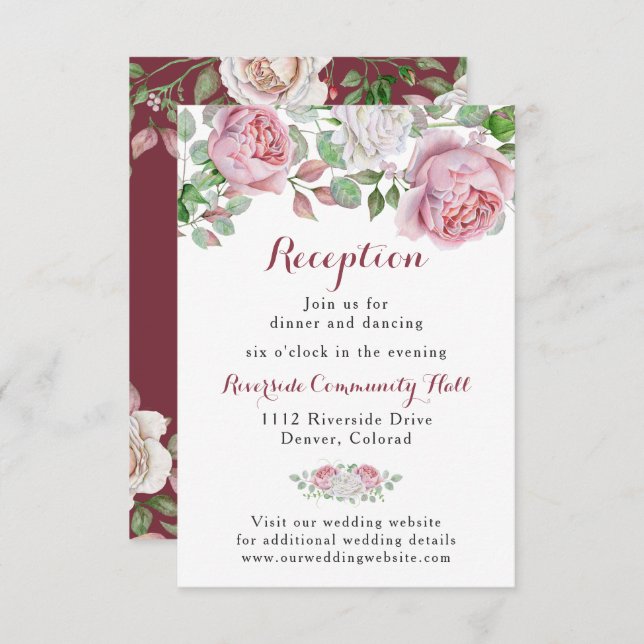 Burgundy Pink Rose Floral Wedding Reception Insert Invitation (Front/Back)
