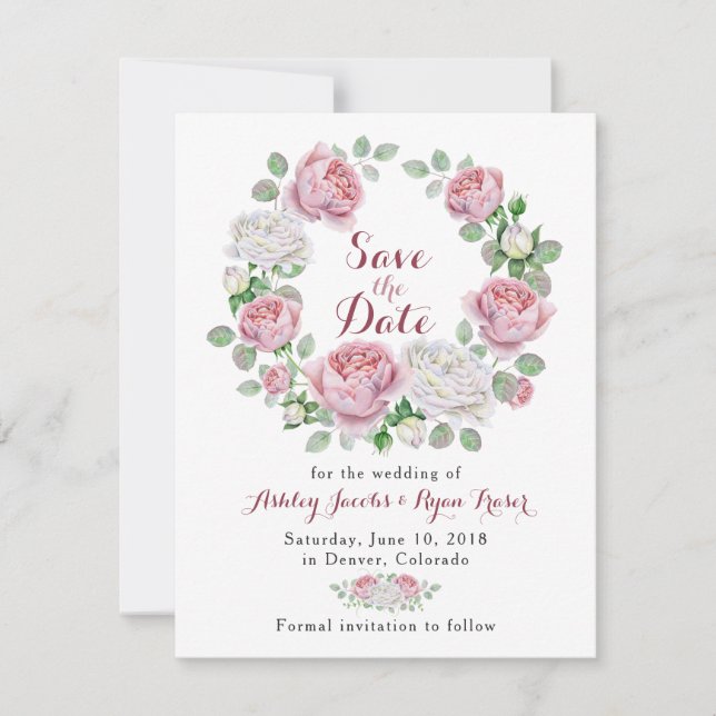 Burgundy Pink Rose Floral Wedding Save the Date (Front)