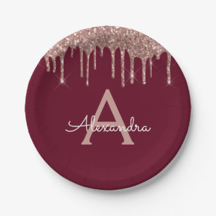 Burgundy Pink Rose Gold Glitter Monogram Birthday Paper Plate