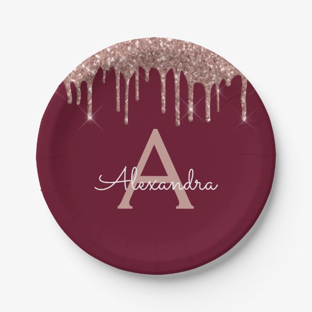 Burgundy Pink Rose Gold Glitter Monogram Birthday Paper Plate (Front)