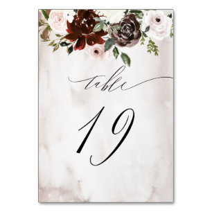 Burgundy Pink Rose Watercolor Floral No 19 Wedding Table Number