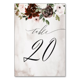 Burgundy Pink Rose Watercolor Floral No 20 Wedding Table Number