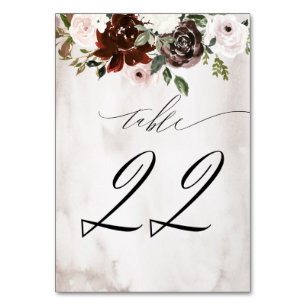 Burgundy Pink Rose Watercolor Floral No 22 Wedding Table Number