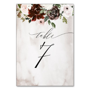 Burgundy Pink Rose Watercolor Floral No 7 Wedding Table Number