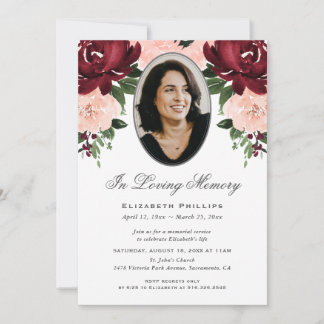 Burgundy Pink Roses Floral Photo Memorial Service Invitation