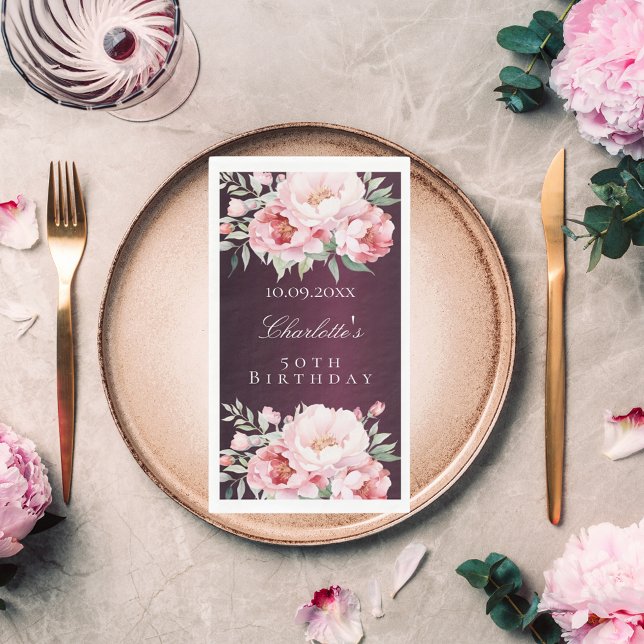 Burgundy pink roses florals elegant birthday napkin (Creator Uploaded)
