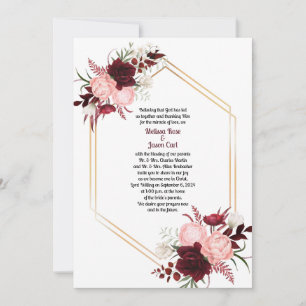 Burgundy Pink Roses Gold Frame Wedding Invitation