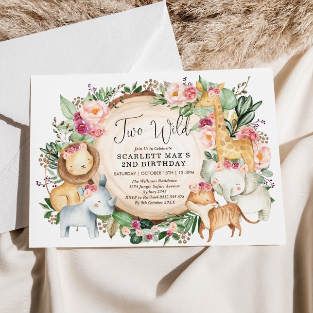 Burgundy Pink Safari Wild Animals 2nd Birthday Invitation (Creator Uploaded)