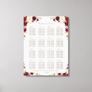 Burgundy Pink Saffron Floral Wedding Seating Chart Canvas Print
