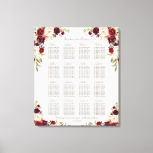 Burgundy Pink Saffron Floral Wedding Seating Chart Canvas Print