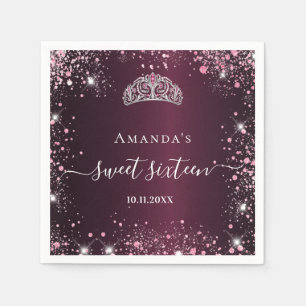 Burgundy pink tiara name script Sweet 16 Napkin