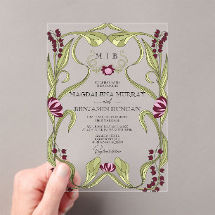 Burgundy Pink Vintage Art Nouveau Floral Wedding Acrylic Invitations