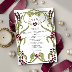 Burgundy Pink Vintage Art Nouveau Floral Wedding Invitation