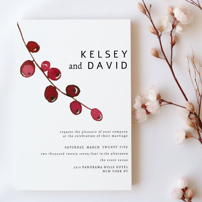 Burgundy pink watercolor berries floral wedding invitation (Burgundy pink watercolor berries floral wedding)