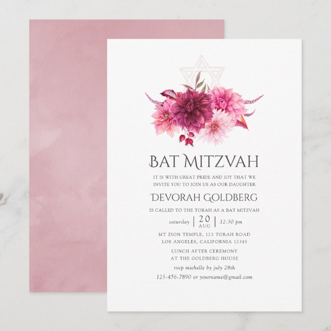 Burgundy & Pink Watercolor Floral Fall Bat Mitzvah Invitation (Front/Back)