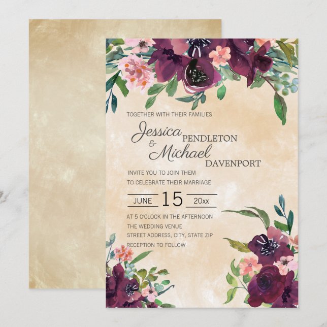 Burgundy Pink Watercolor Floral Sage Green Wedding Invitation (Front/Back)