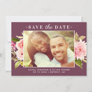 Burgundy Pink Watercolor Floral Wedding Photo Save The Date