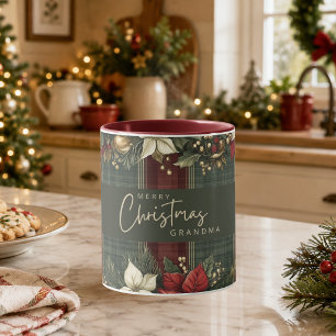 Burgundy Plaid & Poinsettia Merry Christmas Name Mug