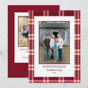 Burgundy Plaid Scallop Frame Photo Christmas  Holiday Card