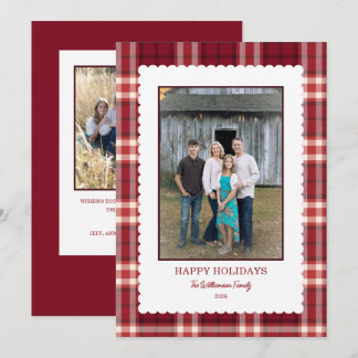 Burgundy Plaid Scallop Frame Photo Christmas  Holiday Card