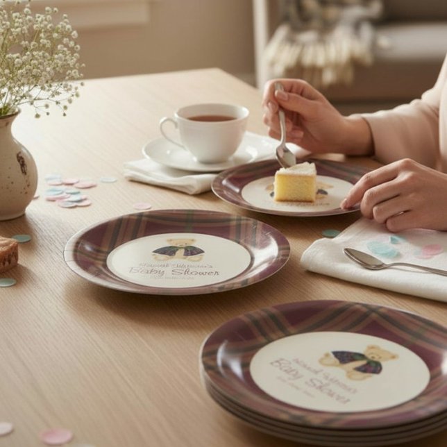 Burgundy Plaid Teddy Bear Celebration Plates (Creator Uploaded)