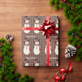 Burgundy Plaid With Snowman Wrapping Paper