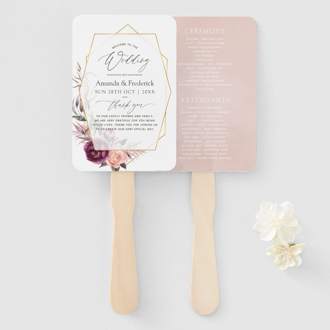 Burgundy Plum and Blush Floral Geometric Wedding Hand Fan (Front and Back)