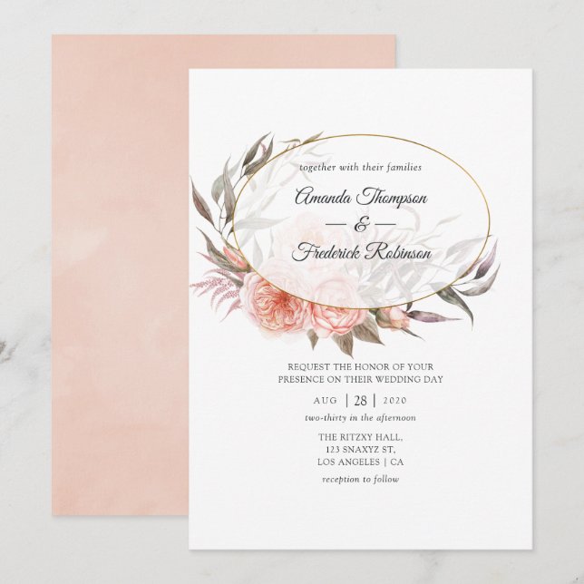 Burgundy Plum and Blush Floral Geometric Wedding Invitation (Front/Back)