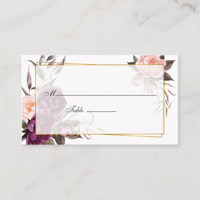 Burgundy Plum and Blush Floral Geometric Wedding Place Card (Front)