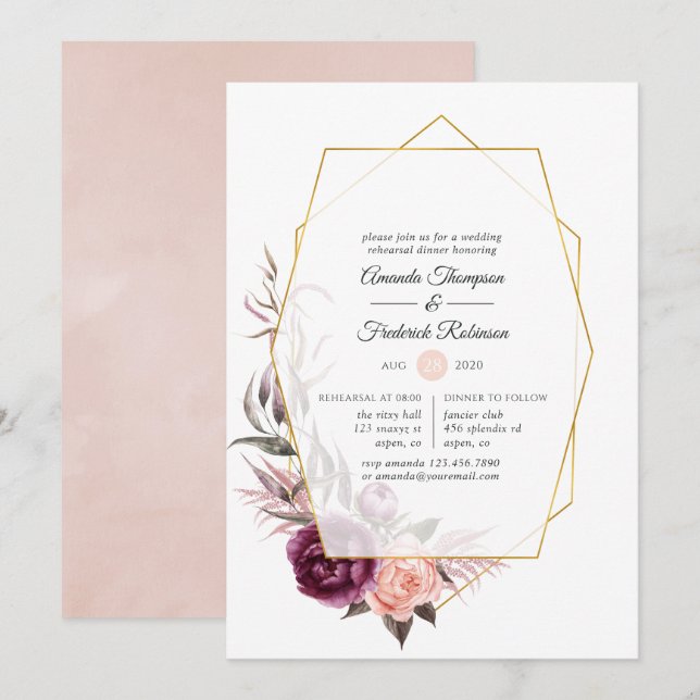 Burgundy Plum and Blush Geometric Rehearsal Dinner Invitation (Front/Back)