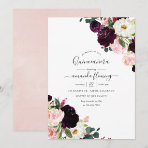 Burgundy Plum and Blush Pink Floral Quinceañera Invitation