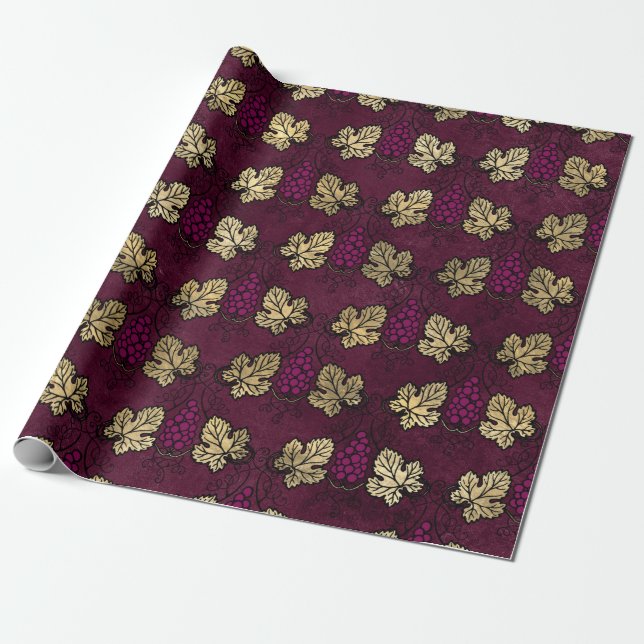 Burgundy Plum and Gold Wine themed Wrapping Paper (Unrolled)