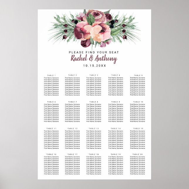 Burgundy Plum Berry Watercolor Flowers Christmas Poster (Front)