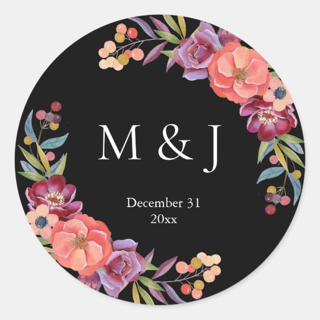 Burgundy & Plum Black Elegant Tropical Monogram V2 Classic Round Sticker (Front)