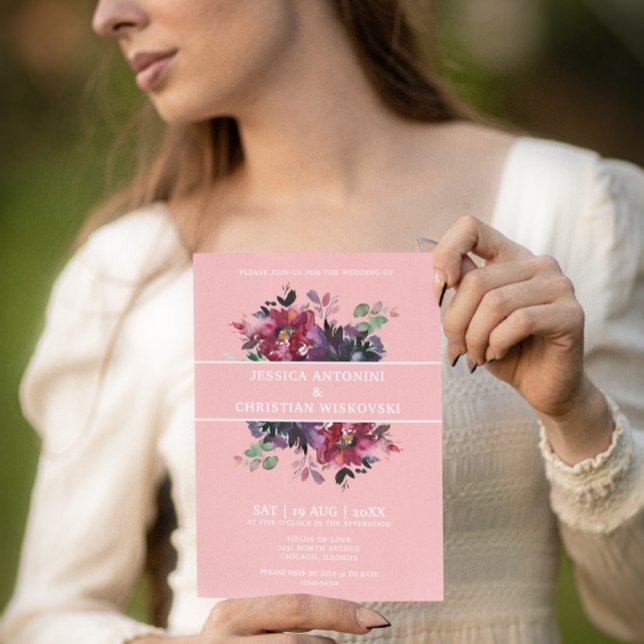 Burgundy Plum Floral Cocktail Pink Wedding Invitation (Creator Uploaded)