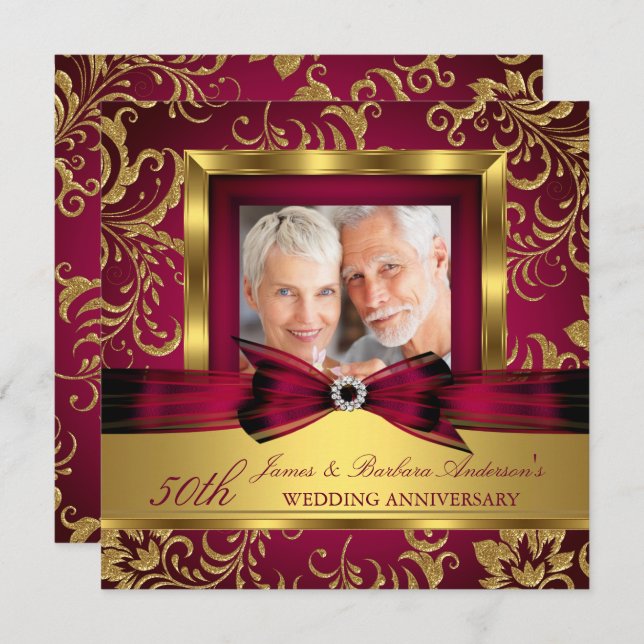 Burgundy Plum Gold Photo 50th Wedding Anniversary Invitation (Front/Back)